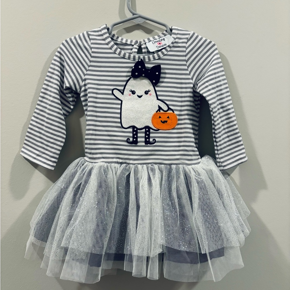 Counting Daisies Ghost Striped Tutu Dress Girls 2T white gray Halloween